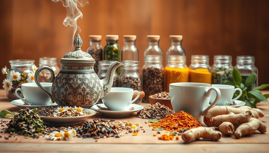 A beautifully arranged still life of an assortment of herbal teas for pain relief. In the foreground, an ornate ceramic teapot sits atop a wooden table, steam rising from its spout. Surrounding it are various tea cups, saucers, and loose-leaf herbs such as chamomile, ginger, and turmeric. In the middle ground, a collection of jars and bottles filled with dried herbs and extracts are neatly displayed. The background features a soft, warm lighting that casts a gentle glow, creating a serene and inviting atmosphere. The overall composition emphasizes the natural, holistic approach to pain management through the use of herbal remedies. A beautifully arranged still life of an assortment of herbal teas for pain relief. In the foreground, an ornate ceramic teapot sits atop a wooden table, steam rising from its spout. Surrounding it are various tea cups, saucers, and loose-leaf herbs such as chamomile, ginger, and turmeric. In the middle ground, a collection of jars and bottles filled with dried herbs and extracts are neatly displayed. The background features a soft, warm lighting that casts a gentle glow, creating a serene and inviting atmosphere. The overall composition emphasizes the natural, holistic approach to pain management through the use of herbal remedies.