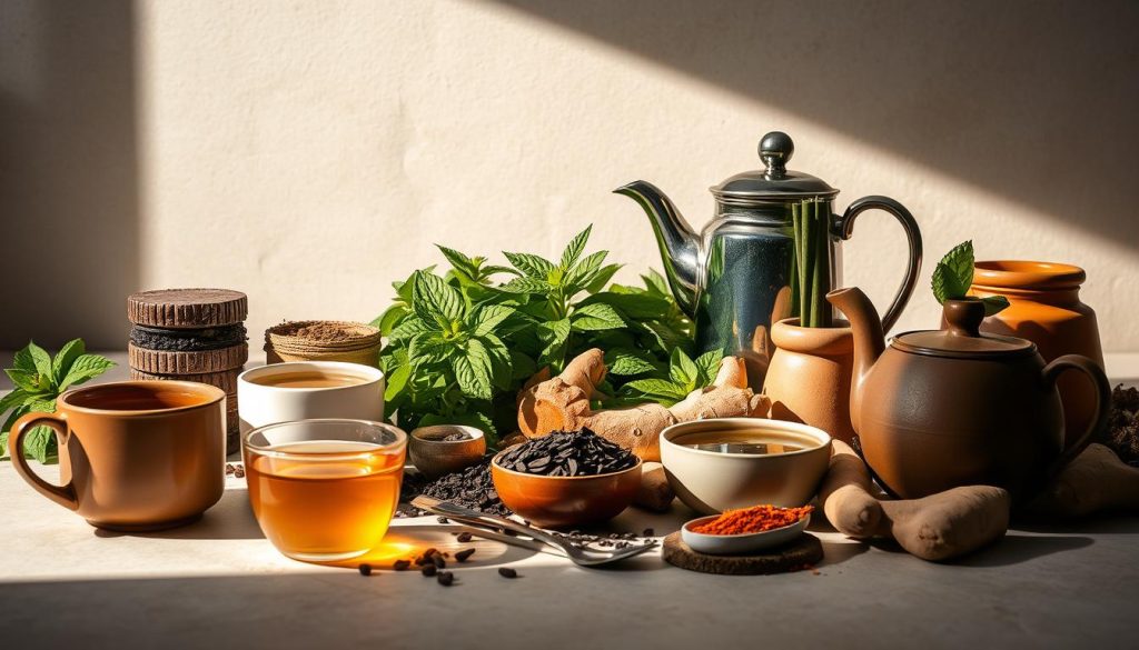 A beautifully lit, artistic still life showcasing an assortment of the best detox teas for a full-body cleanse. In the foreground, a variety of teacups, teapots, and tea leaves in earthy tones are arranged with care, casting soft shadows. In the middle ground, lush green herbs and botanicals such as mint, ginger, and turmeric are prominently displayed, their vibrant colors and textures complementing the tea elements. The background features a minimalist, neutral-toned surface, allowing the detox tea products to take center stage. The overall scene evokes a sense of wellness, purity, and natural rejuvenation, perfectly capturing the essence of "The Best Detox Teas for Cleansing."