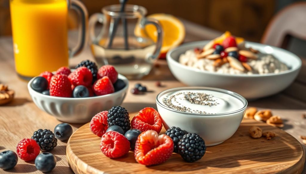 A beautifully lit breakfast table showcasing an array of immune-boosting ingredients. In the foreground, a wooden board displays a selection of fresh berries - plump blueberries, juicy raspberries, and vibrant blackberries. Nearby, a bowl of creamy Greek yogurt is topped with a drizzle of honey and a sprinkle of chia seeds. In the middle ground, a pitcher of freshly squeezed orange juice reflects the warm, golden lighting. In the background, a plate of steaming oatmeal is garnished with sliced almonds, a scattering of goji berries, and a handful of chopped walnuts. The overall scene exudes a sense of nourishment and vitality, inviting the viewer to savor a wholesome, immunity-boosting start to the day.
