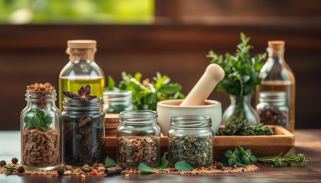 A beautifully lit still life featuring an arrangement of various herbal detox products. In the foreground, an assortment of glass jars and bottles filled with dried herbs, leaves, and flowers in earthy tones. In the middle ground, a wooden tray holding a mortar and pestle, a ceramic bowl, and a bundle of fresh herbs. The background is blurred, but suggests a serene, natural setting, perhaps with a hint of greenery or a wooden surface. The lighting is soft and warm, creating a calming, spa-like atmosphere. The overall composition is balanced and visually appealing, showcasing the natural beauty and wellness-focused aesthetic of the herbal detox products.