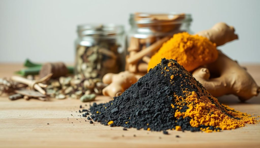 A close-up view of a wooden table showcasing an assortment of gut detox powder ingredients. In the foreground, a pile of organic turmeric root, ginger root, and activated charcoal powder are neatly arranged. In the middle ground, there are glass jars containing loose-leaf herbs like dandelion root, milk thistle, and burdock root. The background features a neutral, soft-focus backdrop that emphasizes the natural, earthy tones of the ingredients. The lighting is natural and diffused, creating a warm, inviting atmosphere that highlights the texture and color of the powders and herbs. The composition is balanced and minimalist, allowing the key ingredients to be the focal point.