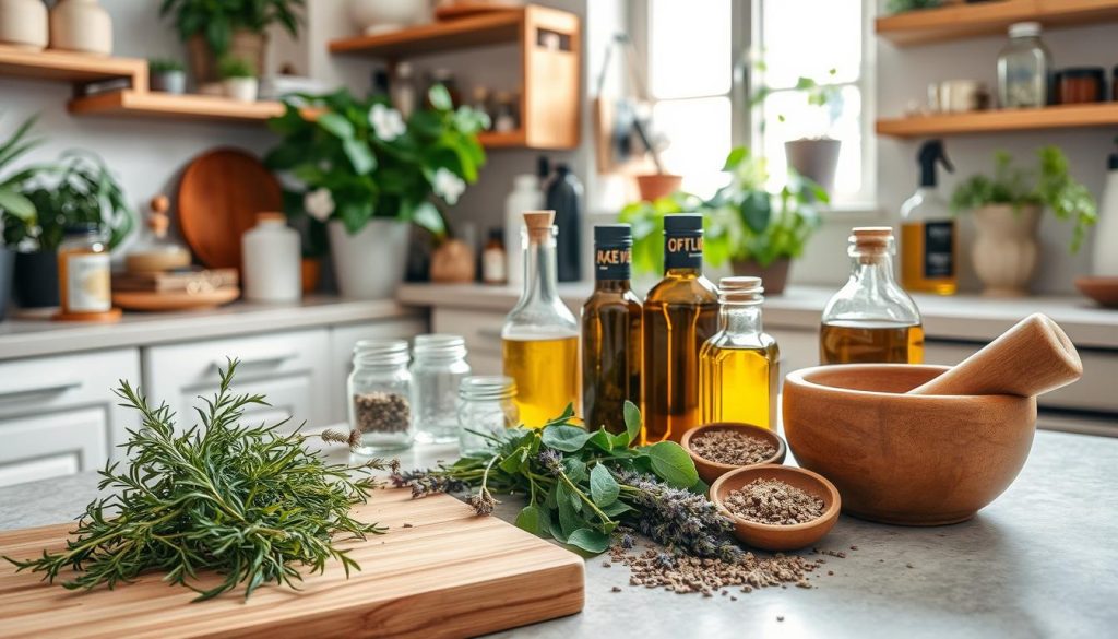 A cozy, well-lit kitchen counter with an array of freshly harvested herbs, jars, and various natural wellness tools. In the foreground, a cutting board with sprigs of rosemary, chamomile, and lavender, along with a mortar and pestle. In the middle ground, several glass bottles filled with infused oils and tinctures, alongside a ceramic bowl with dried herbs. The background features lush potted plants, a window letting in soft natural light, and shelves displaying other natural remedies. The overall scene conveys a sense of harmony, simplicity, and the nurturing power of herbal wellness solutions.