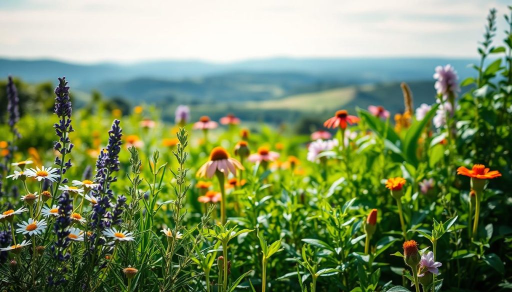 A lush, verdant garden overflowing with an array of vibrant healing herbs. In the foreground, a delicate bouquet of chamomile, lavender, and rosemary, bathed in soft, warm lighting and captured through a shallow depth of field. The middle ground showcases a variety of medicinal plants, such as echinacea, ginger, and turmeric, their leaves and petals glistening with morning dew. In the background, a serene landscape of rolling hills and a clear, azure sky, creating a sense of tranquility and balance. The scene conveys the natural harmony and therapeutic potential of these essential healing herbs.