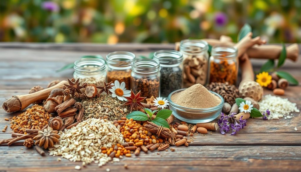 A neatly arranged collection of various Ayurvedic herbs, spices, and botanical ingredients known for their stress-relieving properties. The foreground features an assortment of whole and ground herbs such as ashwagandha, tulsi, chamomile, and valerian root, meticulously displayed on a rustic wooden surface. The middle ground showcases small glass jars containing the powdered forms of these herbs, complemented by a few fresh flowers and leaves. The background depicts a softly lit, natural setting, with a hints of greenery and warm, earthy tones to create a soothing, calming atmosphere. The overall composition emphasizes the natural, holistic approach of Ayurvedic stress relief remedies.