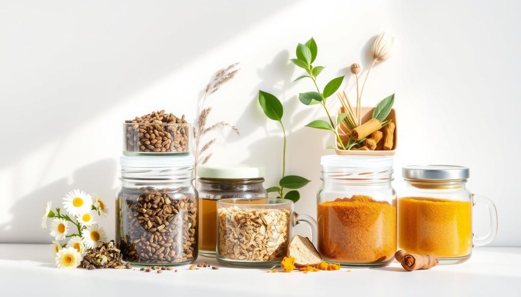 A neatly arranged selection of fragrant detox tea blends, including chamomile, ginger, dandelion, and turmeric, set against a minimalist white background. The teas are displayed in elegant glass jars, their vibrant colors and organic textures inviting the viewer to explore their health benefits. Soft, natural lighting casts a warm glow, highlighting the therapeutic qualities of these carefully curated herbal infusions. The overall scene conveys a sense of calm, balance, and wellness, perfectly encapsulating the concept of a personalized detox tea regimen.