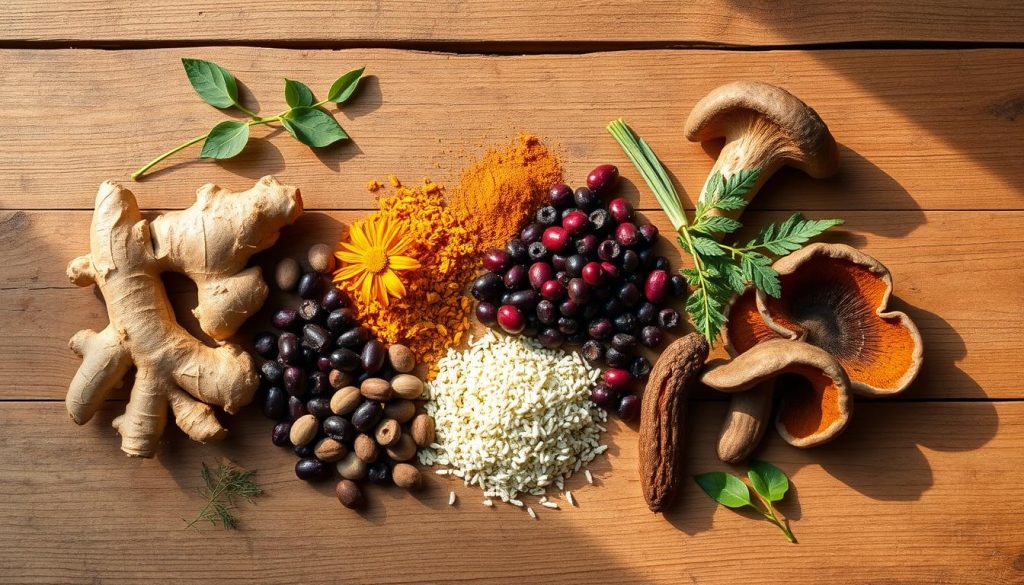 A neatly arranged still life photograph of various herbal immunity boosters, including ginger, turmeric, echinacea, elderberry, ashwagandha, and reishi mushroom. The herbs are displayed on a rustic wooden table, with soft natural lighting casting warm shadows. The composition is balanced, with the ingredients grouped harmoniously. The scene conveys a sense of wellness, natural remedies, and the benefits of integrating these herbs into a healthy lifestyle. The image has a clean, minimalist aesthetic that would complement the informative article on immunity-boosting herbs.
