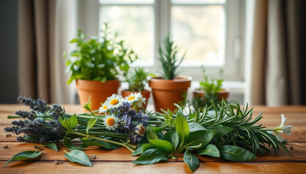 A neatly arranged still life scene of various stress relief herbs in natural lighting. In the foreground, a selection of lush green leaves, including lavender, chamomile, and rosemary, artfully scattered on a wooden surface. In the middle ground, a few small terracotta pots containing thriving herbal plants, their vibrant colors and textures contrasting with the muted tones of the background. The background is a soft, blurred scene of an open window, allowing natural daylight to filter in and create a soothing, serene atmosphere. The overall composition conveys a sense of tranquility and the therapeutic power of these natural remedies.