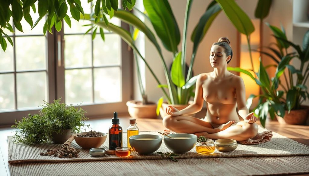 A peaceful, serene scene of an ayurvedic body cleansing ritual. In the foreground, a person sits cross-legged on a soft, natural fiber mat, their eyes closed in meditation. Beside them, an array of ayurvedic herbs, oils, and bowls with cleansing liquids are artfully arranged. The middle ground features lush, verdant plants, their leaves gently swaying in a soft breeze. In the background, a warm, diffused light filters through an open window, creating a calming, soothing atmosphere. The overall scene evokes a sense of balance, harmony, and holistic wellbeing.