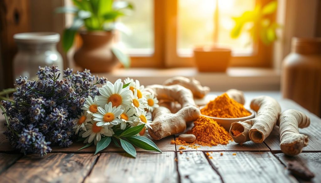 A rustic wooden table with a variety of herbal remedies for pain relief, including dried lavender, chamomile, ginger, and turmeric. The plants are arranged thoughtfully, with a warm, soft lighting highlighting their natural textures and colors. In the background, a window lets in natural light, casting a comforting glow. The overall scene conveys a sense of tranquility and wellness, reflecting the soothing, healing properties of the natural ingredients.