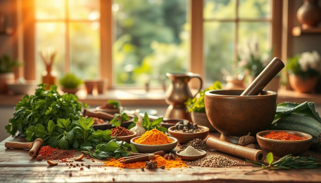 A serene Ayurvedic kitchen scene bathed in warm, golden lighting. In the foreground, a wooden table laden with an assortment of fresh herbs, spices, and Ayurvedic superfoods, including turmeric, ashwagandha, and adaptogens. Arrange the ingredients thoughtfully, capturing their earthy tones and natural textures. In the middle ground, a mortar and pestle, a copper jug, and a few earthenware bowls, reflecting the ancient tradition of Ayurvedic preparation. The background features a softly blurred view of a lush, green garden, exuding a sense of tranquility and connection to nature. Overall, the image should convey a soothing, restorative atmosphere, inviting the viewer to explore the nourishing potential of Ayurvedic nutrition for stress management.