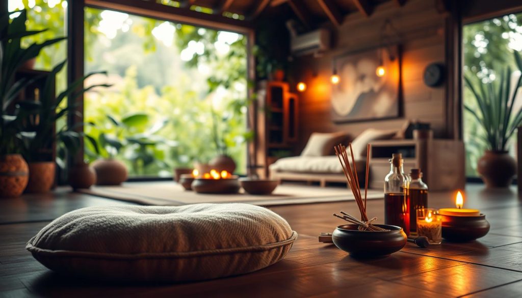 A serene Ayurvedic sanctuary, bathed in warm, diffused lighting. In the foreground, a plush meditation cushion and an assortment of healing herbs, oils, and incense. The middle ground features a cozy, earth-toned living space, with natural wood accents and a calming water feature. In the background, lush, verdant foliage provides a serene, nature-inspired backdrop. The overall atmosphere radiates tranquility and balance, inviting the viewer to immerse themselves in an Ayurvedic lifestyle for stress relief.