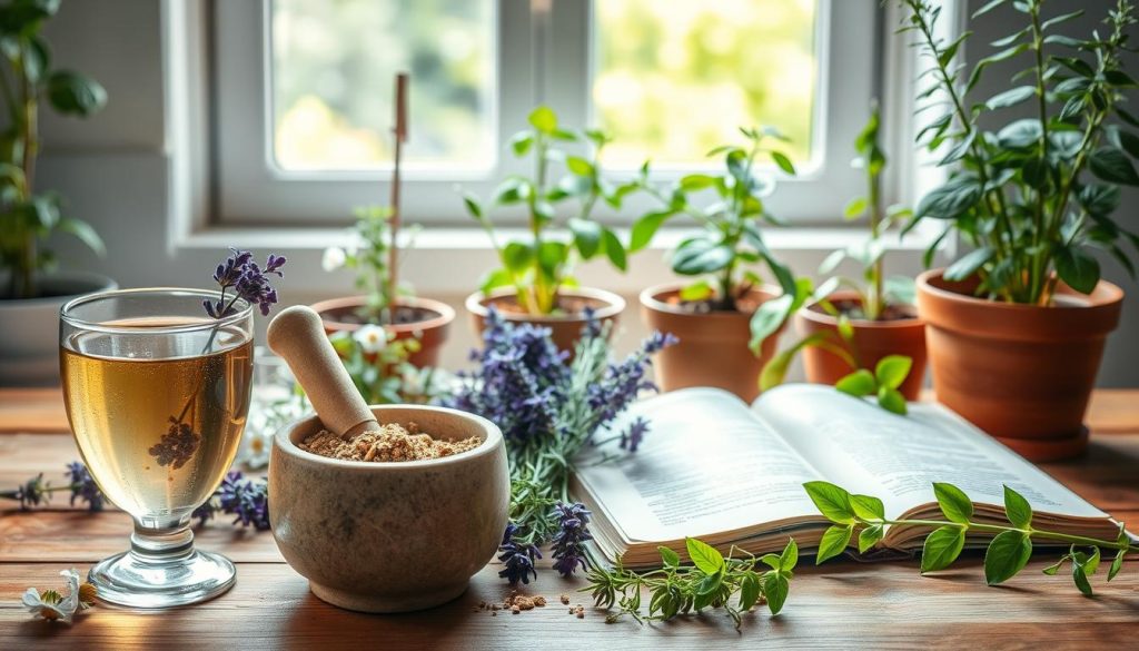 A serene herbal garden with a variety of calming plants, including chamomile, lavender, and lemon balm. The foreground features a glass of herbal tea, a mortar and pestle with crushed herbs, and an open book on natural remedies. The middle ground showcases potted plants arranged on a wooden table, their leaves gently swaying in the soft, natural light. In the background, a window overlooks a tranquil outdoor scene, with a calming color palette of earthy tones and soft greens. The overall atmosphere conveys a sense of peace, relaxation, and the gentle power of nature-based stress management techniques.