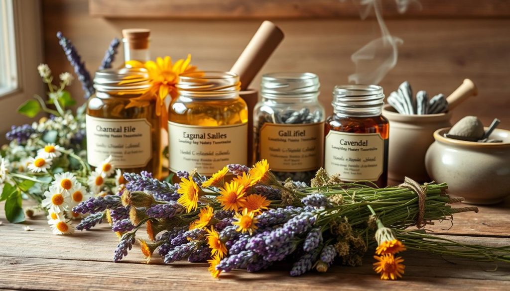 A serene herbal still life showcasing various medicinal plants and wellness accessories. In the foreground, an arrangement of dried chamomile, lavender, and calendula flowers, artfully placed on a rustic wooden surface. In the midground, glass jars filled with fragrant herbal tinctures and salves, their labels highlighting the plants' therapeutic properties. Behind them, a mortar and pestle, a diffuser emitting calming essential oils, and a small ceramic bowl with a smoldering bundle of sage. The scene is bathed in warm, natural lighting, creating a soothing, tranquil atmosphere that evokes a sense of safety and holistic well-being. A serene herbal still life showcasing various medicinal plants and wellness accessories. In the foreground, an arrangement of dried chamomile, lavender, and calendula flowers, artfully placed on a rustic wooden surface. In the midground, glass jars filled with fragrant herbal tinctures and salves, their labels highlighting the plants' therapeutic properties. Behind them, a mortar and pestle, a diffuser emitting calming essential oils, and a small ceramic bowl with a smoldering bundle of sage. The scene is bathed in warm, natural lighting, creating a soothing, tranquil atmosphere that evokes a sense of safety and holistic well-being.