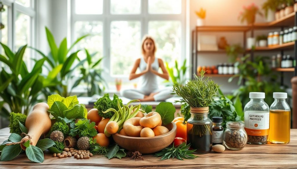 A serene, nature-inspired scene depicting the elements of a holistic gut health detox. In the foreground, an array of fresh produce and herbal supplements, artfully arranged on a wooden table. The middle ground showcases a person engaged in gentle yoga or meditation, surrounded by lush greenery and natural light filtering through large windows. In the background, shelves display gut-healing probiotics, digestive tonics, and other wellness products. The overall atmosphere evokes a sense of calm, balance, and inner restoration, complementing the article's focus on complementary lifestyle changes to support a gut detox.