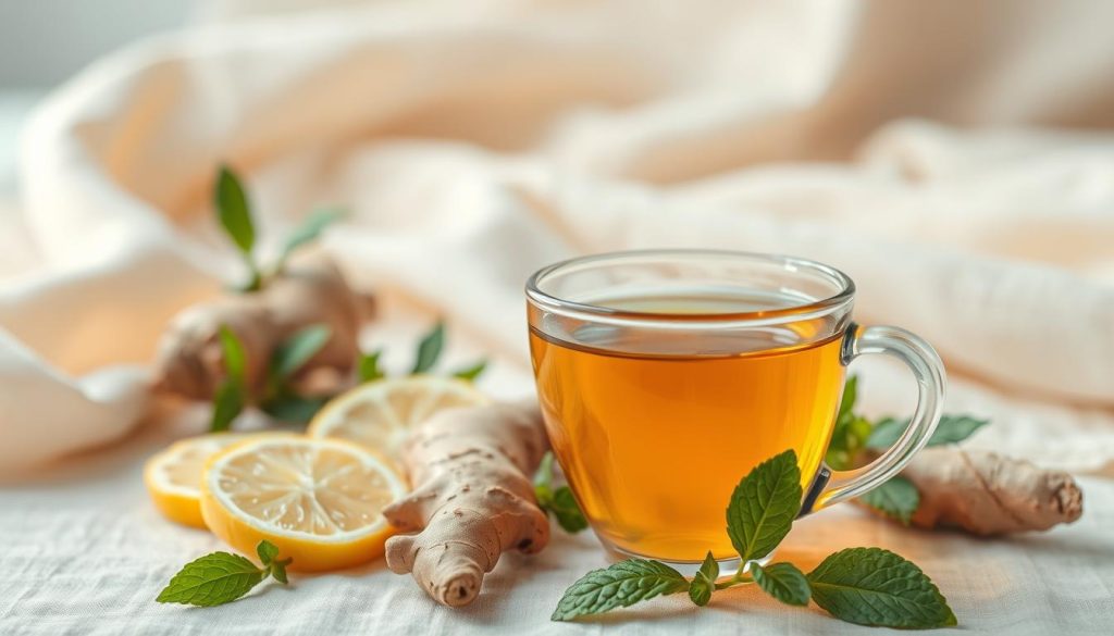 A still life arrangement depicting the benefits of detox tea. In the foreground, a transparent glass teacup filled with a golden-amber liquid, steam gently rising from the surface. Surrounding the cup, an assortment of fresh botanicals such as lemon slices, ginger root, and mint leaves, arranged in a natural, organic manner. In the middle ground, a calming backdrop of soft, pastel-colored fabrics, perhaps a linen tablecloth or a delicate shawl. The lighting is warm and diffused, creating a soothing, wellness-focused atmosphere. The camera angle is slightly elevated, giving a sense of tranquility and mindfulness. The overall composition conveys the rejuvenating and purifying properties of detox tea.