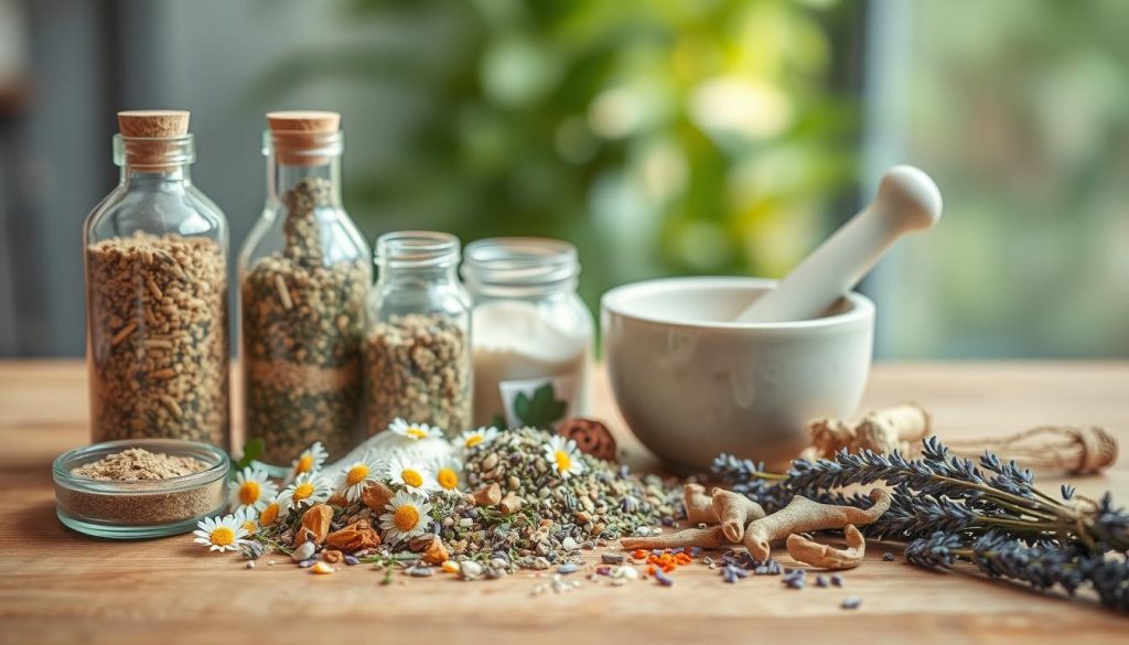 A still life arrangement of various herbal supplements for stress relief on a natural wooden surface. In the foreground, a collection of glass bottles and jars filled with dried herbs, tinctures, and powders. The middle ground features a mortar and pestle, along with a scattered assortment of soothing herbs like chamomile, lavender, and valerian root. Soft, natural lighting illuminates the scene, creating a calming, earthy atmosphere. The background is blurred, placing the focus on the holistic, therapeutic nature of the herbal remedies. The overall composition conveys a sense of tranquility and wellness.