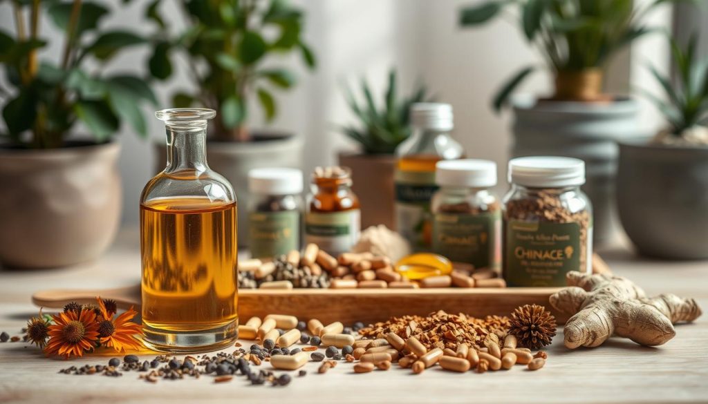 A still life arrangement showcasing an assortment of herbal immune system supplements. In the foreground, an elegant glass bottle filled with golden liquid tincture, accompanied by a scattering of dried herbs like echinacea, elderberry, and ginger root. In the middle ground, a wooden tray holds a variety of capsules, tablets, and powders in earthy tones. The background features a soft, blurred natural setting with potted plants and subtle lighting, creating a warm, calming atmosphere that evokes the restorative power of nature.