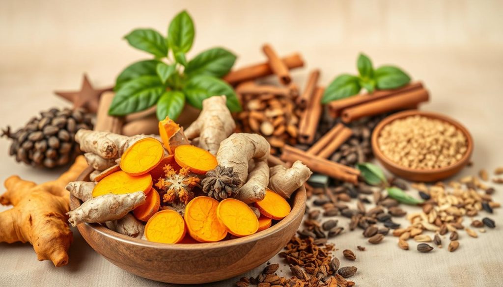 A still life composition featuring a diverse arrangement of Ayurvedic herbs and spices known for their immunoboost ing properties. In the foreground, a wooden bowl overflows with vibrant turmeric roots, ginger slices, and dried ashwagandha. In the middle ground, clusters of cinnamon sticks, cardamom pods, and holy basil leaves are scattered around the bowl. The background is a soft, neutral backdrop that allows the rich colors and textures of the herbs to take center stage. The lighting is warm and natural, casting gentle shadows and highlighting the intricate details of the plant materials. The overall mood is one of wellness, vitality, and the healing power of nature.