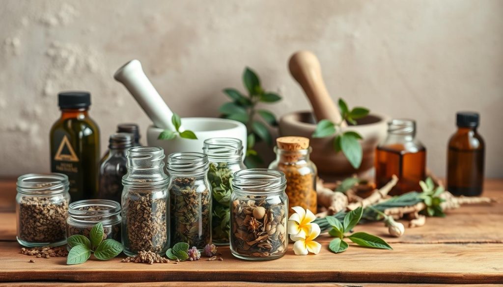 A still life of various herbal remedies for natural pain relief, shot in a warm, earthy tone with soft, directional lighting from the side. In the foreground, several glass jars filled with dried herbs and essential oils are arranged neatly on a wooden table. The middle ground features a mortar and pestle, along with a few fresh green leaves, flowers, and roots. In the background, a rustic, textured wall provides a neutral backdrop, emphasizing the organic, holistic nature of the scene. The overall composition conveys a sense of tranquility, simplicity, and the therapeutic power of nature's botanical solutions for alleviating discomfort. A still life of various herbal remedies for natural pain relief, shot in a warm, earthy tone with soft, directional lighting from the side. In the foreground, several glass jars filled with dried herbs and essential oils are arranged neatly on a wooden table. The middle ground features a mortar and pestle, along with a few fresh green leaves, flowers, and roots. In the background, a rustic, textured wall provides a neutral backdrop, emphasizing the organic, holistic nature of the scene. The overall composition conveys a sense of tranquility, simplicity, and the therapeutic power of nature's botanical solutions for alleviating discomfort.