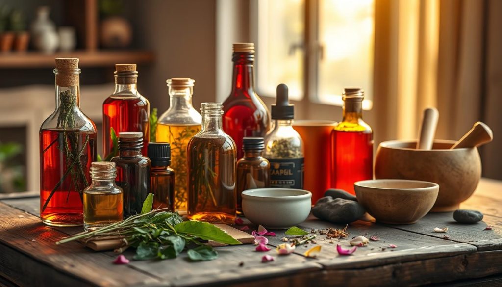 A stylish still life arrangement of various herbal detox products on a rustic wooden table, bathed in warm, golden lighting from a nearby window. In the foreground, an assortment of glass bottles, jars, and tinctures filled with vibrant, earthy-toned liquids, complemented by a bundle of fresh herbs, a mortar and pestle, and a few polished river stones. The middle ground features a few scattered leaves, flower petals, and a small ceramic bowl, hinting at the natural, holistic approach to herbal detoxification. The background is softly blurred, creating a sense of tranquility and focus on the carefully curated display of herbal remedies.
