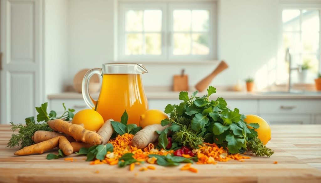 A tranquil, light-filled kitchen scene with an array of vibrant, fresh ayurvedic ingredients. In the foreground, an assortment of colorful produce such as turmeric, ginger, lemon, and greens spills out over a wooden cutting board. In the middle ground, a glass pitcher filled with a golden-hued detox beverage sits atop a light-toned countertop, alongside a mortar and pestle used for grinding herbs. The background features clean, minimalist cabinetry and natural light streaming in through large windows, creating a serene, restorative atmosphere. The overall composition conveys a sense of balance, purity, and wellness, reflecting the principles of ayurvedic cleansing.