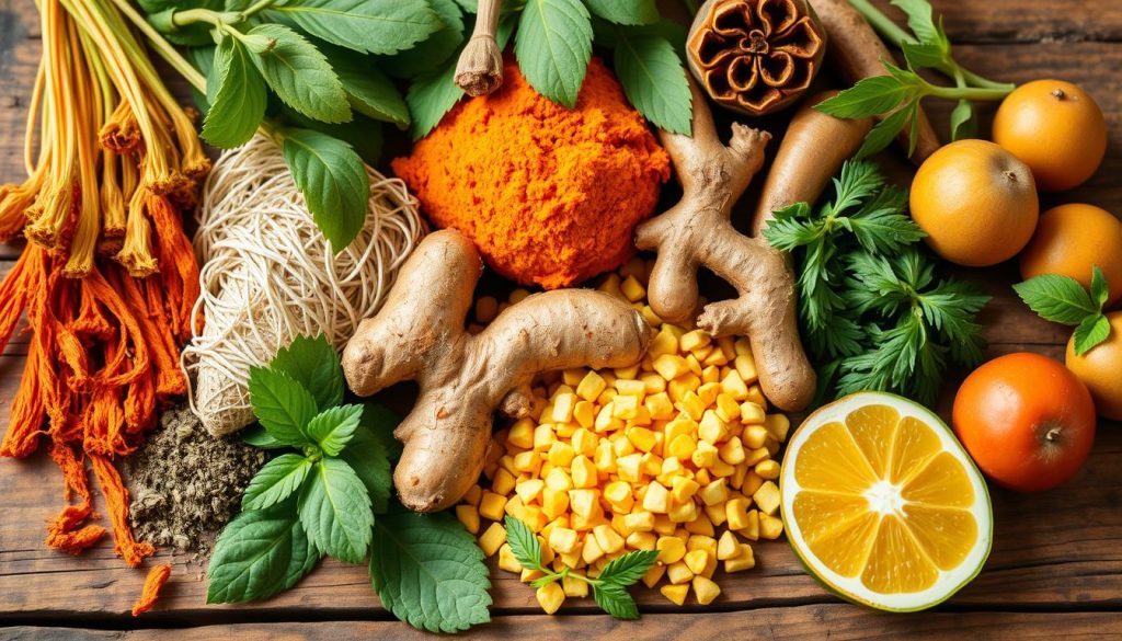 A vibrant, close-up photograph of an assortment of fresh, organically grown Ayurvedic herbs, including ashwagandha, turmeric, ginger, tulsi, and amla, arranged on a rustic wooden table with warm, natural lighting. The herbs are displayed in a visually appealing, symmetrical layout, highlighting their vibrant colors, textures, and intricate details. The overall scene conveys a sense of wellness, balance, and the holistic nature of Ayurvedic practices.