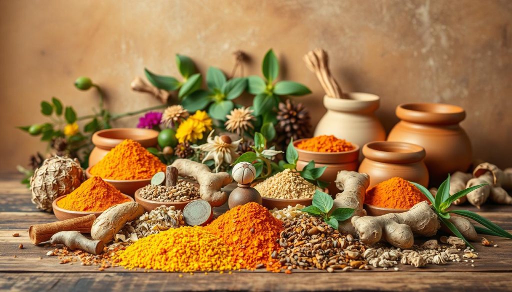 A vibrant still life arrangement showcasing a variety of Ayurvedic herbs against a warm, earthy backdrop. In the foreground, an assortment of whole and crushed herbs, including turmeric, ashwagandha, ginger, and tulsi, are artfully displayed on a wooden surface. The middle ground features a variety of natural elements, such as dried flowers, leaves, and clay jars, creating a cohesive and authentic Ayurvedic ambiance. The background is softly lit, with gentle shadows and muted tones, evoking a sense of tranquility and wellness. The overall composition emphasizes the natural beauty and therapeutic properties of these seasonal immunity-boosting herbs, inviting the viewer to discover their ancient wisdom and practical applications.