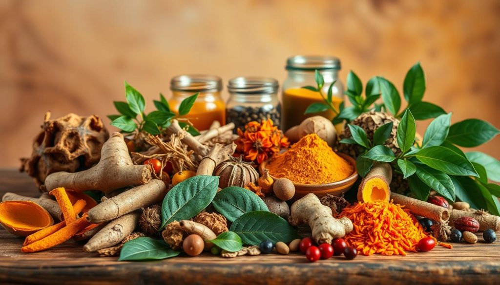 A vibrant still life arrangement showcasing an assortment of Ayurvedic detox herbs against a warm, earthy background. In the foreground, an array of dried leaves, roots, and berries, including turmeric, ginger, ashwagandha, and triphala, artfully displayed on a wooden surface. The middle ground features a few glass jars or ceramic bowls, each containing a different herbal powder or tincture. Soft, natural lighting casts a gentle glow, emphasizing the rich colors and textures of the plant materials. The overall mood is one of balance, purity, and the restorative power of nature.