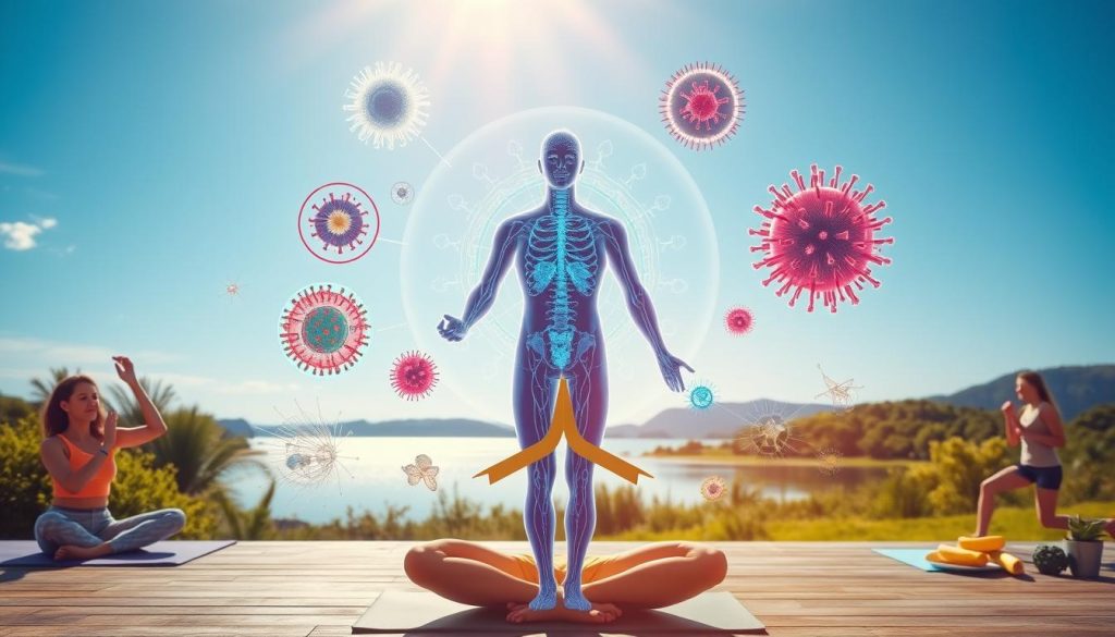 A well-lit, vibrant scene depicting the interconnectedness of healthy lifestyle habits that fortify the immune system. In the foreground, a person performing various wellness activities like yoga, meditation, and consuming nutrient-rich foods. In the middle ground, visualizations of the body's intricate defense mechanisms, with white blood cells and other immune cells working in harmony. The background showcases elements of a balanced, active lifestyle - an outdoor setting with lush greenery, a serene lake, and a clear, blue sky. The overall atmosphere conveys a sense of vitality, resilience, and the empowering potential of holistic self-care.