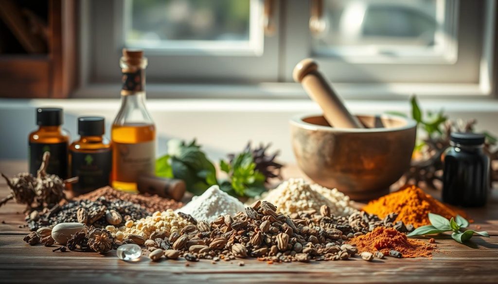 Detailed still life composition showcasing the preparation of herbal supplements. In the foreground, an assortment of dried herbs, tinctures, and powders arranged neatly on a wooden table. In the middle ground, a mortar and pestle being used to grind ingredients. Soft, diffused natural lighting from a window illuminates the scene, casting gentle shadows. The atmosphere is serene and focused, evoking a sense of care and attention to detail in the herbal remedy creation process. The overall aesthetic is warm, earthy, and inviting, reflecting the natural and holistic nature of the subject matter.