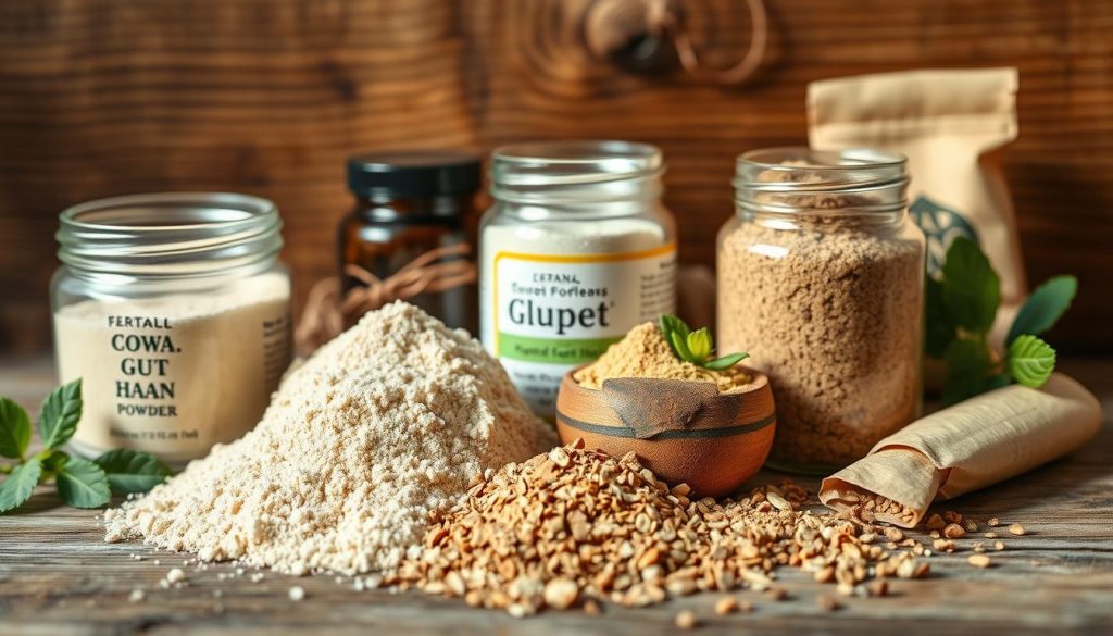 High-quality, detailed closeup photograph of an assortment of effective gut health powders, presented in a natural, organic manner on a rustic wooden surface. The powders should be in various glass jars or paper sachets, with a focus on natural, wholesome ingredients such as probiotics, prebiotics, fiber, and detoxifying herbs. Soft, natural lighting illuminates the scene, emphasizing the purity and efficacy of the products. The image should convey a sense of wellness, balance, and the power of natural remedies for gut health and digestion.
