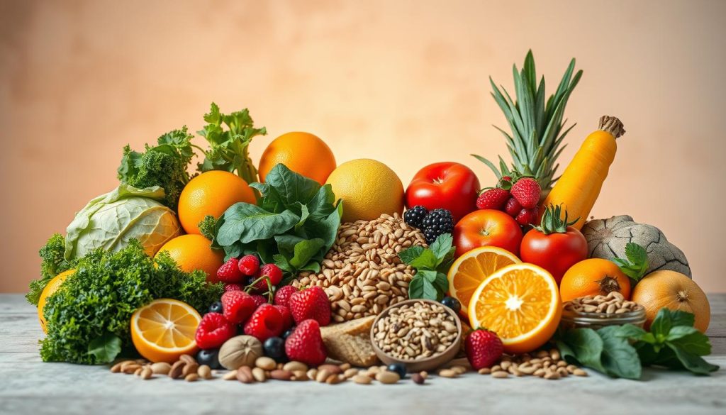 Vibrant still life depicting an assortment of immune-boosting superfoods against a soft, airy background. In the foreground, a vibrant array of fresh fruits and vegetables - citrus fruits, berries, leafy greens, and cruciferous veggies. In the middle ground, an array of nuts, seeds, and whole grains. Backlighting gently illuminates the scene, casting a warm, natural glow. Muted earthy tones in the background create a soothing, serene atmosphere. Captured with a shallow depth of field to draw the eye to the nourishing ingredients. An image that evokes feelings of health, vitality, and the power of nature to strengthen the body's defenses.