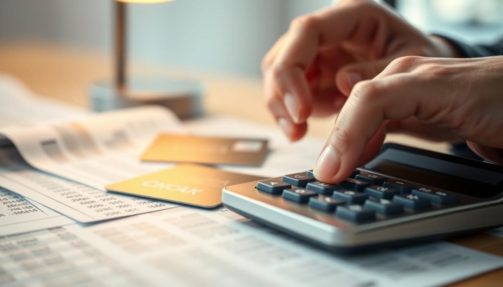 A close-up view of a sophisticated, digital calculator displaying intricate credit card interest calculations. In the foreground, a hand in a professional business attire presses buttons, indicating engagement with financial data. The middle ground features a sleek credit card, partially obscured by a pile of numerical spreadsheets and charts, depicting interest rates and payment schedules. The background is softly blurred, suggesting a modern office environment with a subtle glow from a nearby desk lamp, enhancing the mood of focused financial analysis. Soft, warm lighting highlights the textures of the materials, creating a professional yet inviting atmosphere. The composition balances clarity with depth, ensuring all elements are visually cohesive and relevant to the concept of credit card interest.
