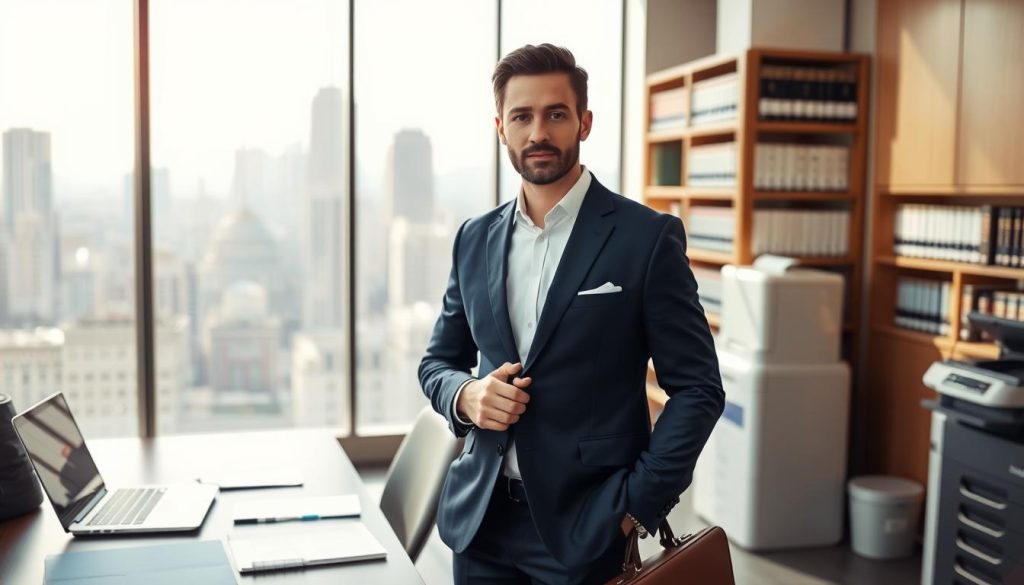 A corporate lawyer standing confidently in a modern office environment, wearing a tailored navy blue suit and a crisp white shirt, holding a briefcase. The foreground features the lawyer at a desk with legal documents and a laptop open, indicating a busy work atmosphere. In the middle ground, there are floor-to-ceiling windows showcasing a city skyline, with sunlight streaming in, illuminating the space. The background includes bookshelves filled with law books and a professional-grade printer. The mood is professional and focused, conveying a sense of reliability and expertise. The image should have a clean, sharp focus, with soft natural lighting to create an inviting yet serious ambiance. A corporate lawyer standing confidently in a modern office environment, wearing a tailored navy blue suit and a crisp white shirt, holding a briefcase. The foreground features the lawyer at a desk with legal documents and a laptop open, indicating a busy work atmosphere. In the middle ground, there are floor-to-ceiling windows showcasing a city skyline, with sunlight streaming in, illuminating the space. The background includes bookshelves filled with law books and a professional-grade printer. The mood is professional and focused, conveying a sense of reliability and expertise. The image should have a clean, sharp focus, with soft natural lighting to create an inviting yet serious ambiance.
