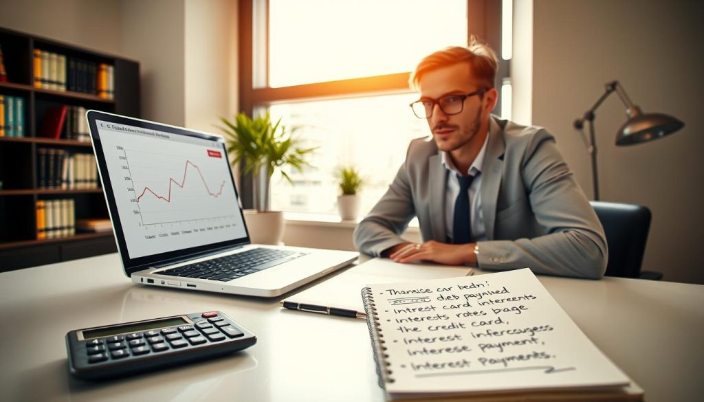 A focused financial advisor in a modern office setting, sitting at a sleek desk with a laptop open, displaying graphs of credit card interest rates. In the foreground, a calculator rests next to a notepad filled with handwritten strategies for minimizing interest payments. The middle ground features a stylish bookshelf lined with finance books, and a potted plant adds a touch of greenery. In the background, a window reveals a sunny cityscape, symbolizing opportunities for financial growth. The lighting is bright and warm, creating an inviting atmosphere conducive to learning. The scene conveys a sense of professionalism and optimism, illustrating the process of taking control of credit card debt.