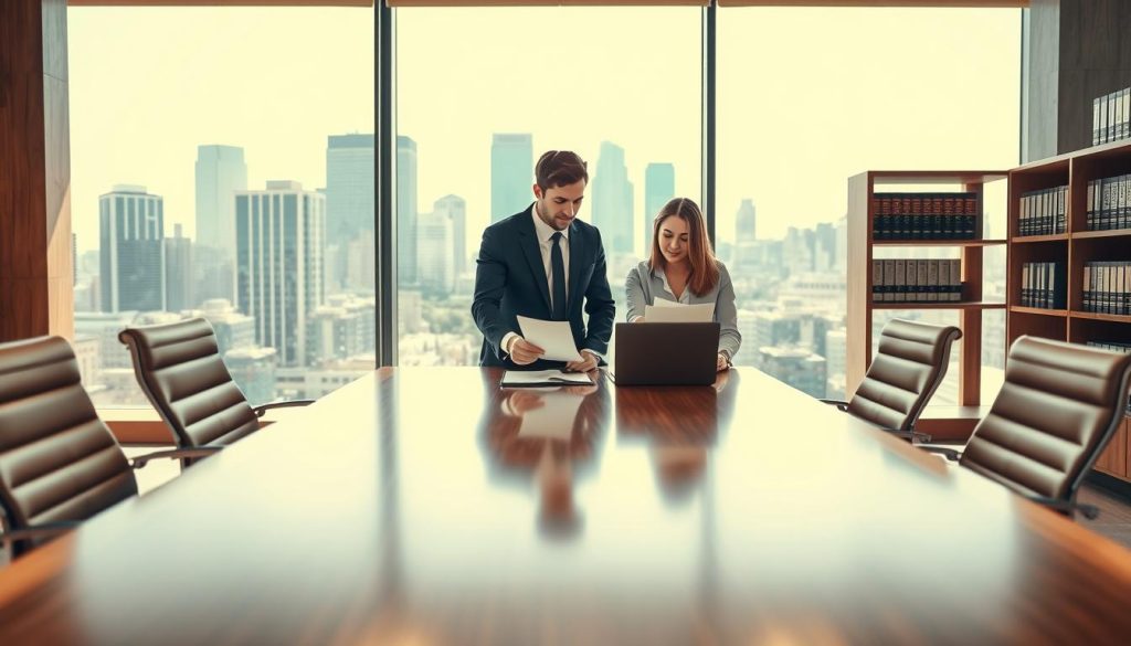 A modern business law firm office setting with a spacious conference room in the foreground, featuring a polished wooden table surrounded by sleek, ergonomic chairs. In the middle ground, two professionals in formal business attire—one male and one female—engaged in a collaborative discussion, reviewing legal documents and pointing at a laptop screen. The background showcases large glass windows with a city skyline view, allowing natural light to flood the room, creating a warm and inviting atmosphere. The lighting is bright and professional, emphasizing clarity and focus. A few law books and legal certifications adorn the shelves, adding credibility and a scholarly touch to the environment. Ideal for illustrating professionalism and collaboration in a business law context.