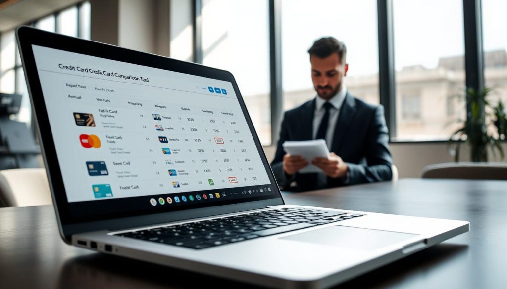 A modern credit card comparison tool interface displayed on a sleek laptop screen. In the foreground, the screen shows a vibrant, easy-to-read layout with various credit card options, including interest rates, rewards programs, and annual fees, all visually represented with icons and graphs. The middle ground features a business professional, dressed in smart attire, thoughtfully analyzing the information while taking notes on a notepad. The background consists of a bright, minimalistic office setting with sunlight streaming through large windows, casting soft shadows. The overall mood is focused and productive, emphasizing clarity and decision-making. The image should have a professional tone, with high contrast lighting to highlight the tool's detailed features, captured from a slightly elevated angle to provide depth.
