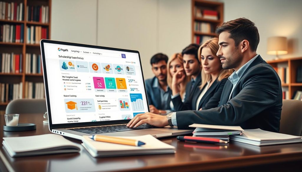 A modern scholarship search engine interface displayed on a sleek laptop, resting on an elegant desk surrounded by study materials like notebooks and a pen. In the foreground, a diverse group of individuals, dressed in professional business attire, are intently reviewing scholarship opportunities, showcasing varied expressions of curiosity and determination. The middle ground features a vibrant, illuminated screen displaying colorful infographics and search results related to scholarships, with icons symbolizing education, finance, and success. In the background, a softly blurred bookshelf filled with educational resources suggests a scholarly atmosphere. The lighting is soft and warm, creating an inviting and inspirational mood. The perspective is slightly elevated, giving a comprehensive view of the scene while focusing on the subjects' engagement with the scholarship search engine.