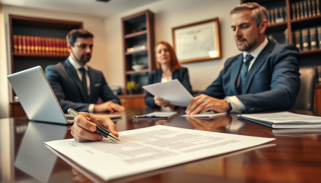 A professional corporate lawyer's office setting, featuring a confident attorney in a tailored navy suit, seated at a sleek mahogany desk covered with neatly organized legal documents and a laptop. In the foreground, a close-up of hands discussing a contract, showcasing a fountain pen poised above a signature line. In the middle, the attorney is engaged in thoughtful conversation with a client, who is dressed in business attire, depicting collaboration and consultation. The background includes shelves with legal books, a framed diploma on the wall, and a large window letting in warm, natural light, creating a welcoming yet focused atmosphere. The mood conveys professionalism, reliability, and trust, perfect for illustrating effective collaboration in corporate legal services. A professional corporate lawyer's office setting, featuring a confident attorney in a tailored navy suit, seated at a sleek mahogany desk covered with neatly organized legal documents and a laptop. In the foreground, a close-up of hands discussing a contract, showcasing a fountain pen poised above a signature line. In the middle, the attorney is engaged in thoughtful conversation with a client, who is dressed in business attire, depicting collaboration and consultation. The background includes shelves with legal books, a framed diploma on the wall, and a large window letting in warm, natural light, creating a welcoming yet focused atmosphere. The mood conveys professionalism, reliability, and trust, perfect for illustrating effective collaboration in corporate legal services.