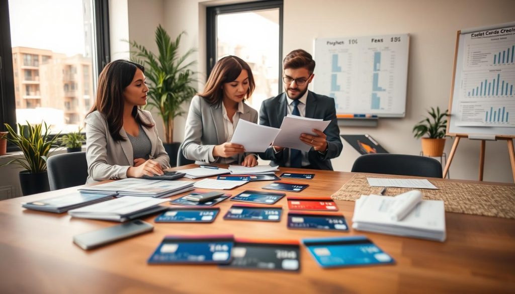 A professional office setting, with a wooden table in the foreground displaying various credit card offers laid out neatly, showcasing different fee structures. In the middle, a diverse group of three individuals, dressed in smart business attire, are engaged in discussion, analyzing the cards with financial documents and calculators in front of them. One person points to specific cards while the others take notes. In the background, large windows allow soft natural light to flood the room, creating a warm and inviting atmosphere. The room is decorated with potted plants and a whiteboard with charts and graphs, illustrating a detailed comparison of fees. Capture the focused mood of decision-making and analysis. Use a slight tilt-shift effect to emphasize the foreground while keeping the group clear and in focus.