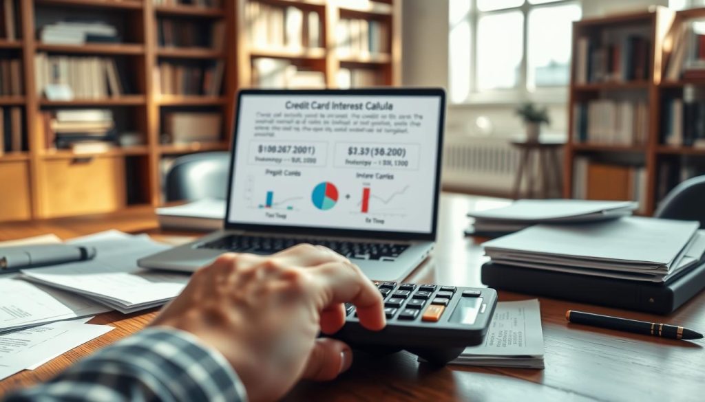 A professional setting showcasing a sleek wooden desk cluttered with financial documents, a calculator, and a laptop displaying a clear, detailed credit card interest calculation example. In the foreground, a hand is using the calculator with focused intensity. In the middle, the laptop screen shows graphics illustrating different interest rates and formulas, with pie charts and line graphs that represent credit card interest over time. The background features a softly blurred office space with bookshelves filled with financial literature, creating a scholarly atmosphere. Natural light is streaming in through a window, casting subtle shadows and enhancing the sense of professionalism and clarity. The overall mood is informative and engaging, inviting viewers to delve deeper into understanding credit card interest calculations.