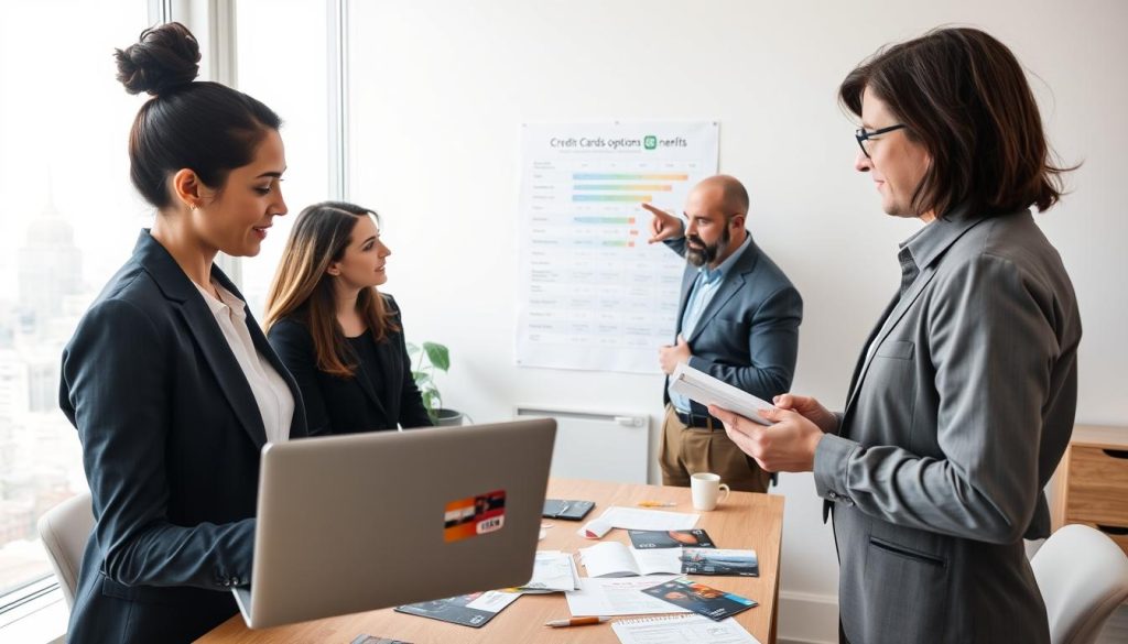 A professional workspace featuring a diverse group of individuals engaged in a discussion about credit card options. In the foreground, a woman in business attire examines a laptop with various credit card images displayed on the screen. To the right, a man in a smart casual outfit is taking notes on a notepad, while a third participant, a woman with glasses, is pointing at a chart on the wall highlighting different credit card benefits. The middle ground shows an office desk cluttered with notes and brochures about credit cards. In the background, a window reveals a city skyline, allowing natural light to flood the room, creating an inviting and focused atmosphere. The mood is collaborative and professional, emphasizing strategic thinking and informed choices.