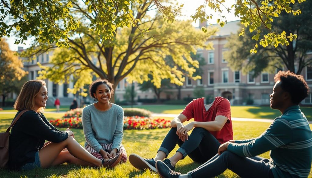 A serene college campus scene during a calm afternoon. In the foreground, a diverse group of three students—two females and one male—are seated on a grassy area, engaged in a relaxed conversation. They are dressed in comfortable, modest casual clothing. The middle ground features a few trees with vibrant green leaves and colorful flower beds, hinting at springtime. In the background, classic university buildings can be seen, adding an academic atmosphere. Warm, natural sunlight filters through the leaves, casting gentle shadows, giving a sense of tranquility and positivity. The overall mood is uplifting and inspiring, capturing the essence of mindfulness and connection among students.