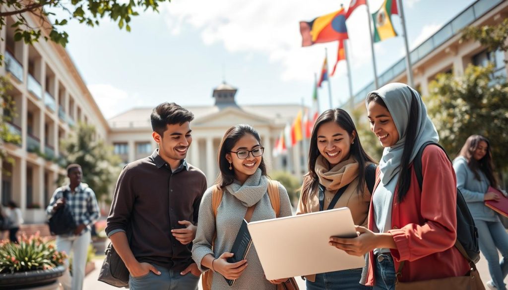 A vibrant university campus scene, showcasing diverse students engaged in various academic activities. In the foreground, a group of three students from different ethnic backgrounds, dressed in professional attire and modest casual clothing, are discussing a project over an open laptop on a sunny day. The middle ground features a picturesque architecture of the university with students walking between classes. In the background, colorful flags representing different countries flutter gently in the breeze, symbolizing international collaboration. The lighting is bright and cheerful with soft shadows, creating an inviting atmosphere. The angle of the image captures the depth of the campus, emphasizing the global opportunities and connections that international education offers, inspiring a sense of exploration and unity.
