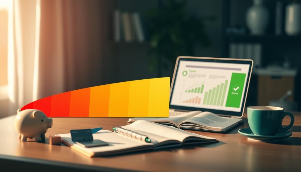 A visually engaging representation of credit score ranges, prominently featuring a large horizontal gradient bar segmented into five distinct sections, each color-coded from red (poor) to green (excellent). In the foreground, include small icons symbolizing financial stability, like a piggy bank, credit card, and a checkmark. The middle ground should showcase a well-organized desk with a laptop displaying graphs related to credit scores, along with an open notebook and a cup of coffee, suggesting an atmosphere of careful planning and strategizing. Soft, natural lighting filters in from the right, casting gentle shadows, while a blurred background hints at a professional office setting, adding depth. The overall mood conveys empowerment and proactive financial management, inviting viewers to take control of their credit health.